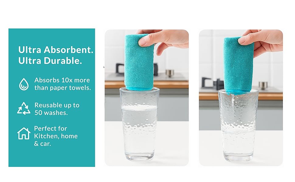 Demonstration of microfiber cloth absorbing water from a glass, showing high absorbency.