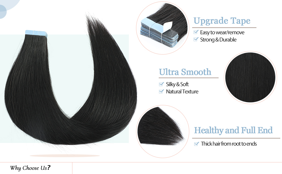 Tape in Hair Extensions Natural Black 100 Remy Hair Thick Straight for