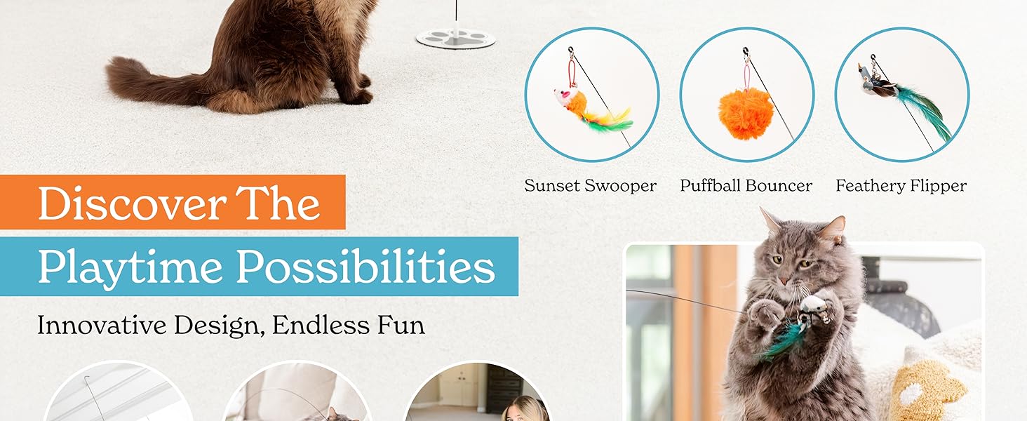 A fluffy cat stands tall on its hind legs, batting at a flexible feather toy on a sturdy base.