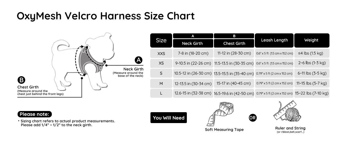 OxyMesh Velcro Harness size chart showing measurement guidelines and sizing specifications with diagrams for proper fit measurement.