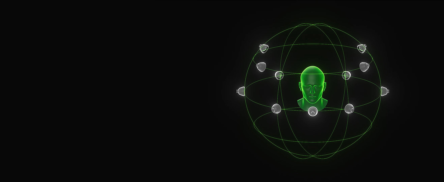 Fond sombre avec affichage d'interface circulaire éclairé en vert montrant plusieurs petites icônes disposées en anneau.