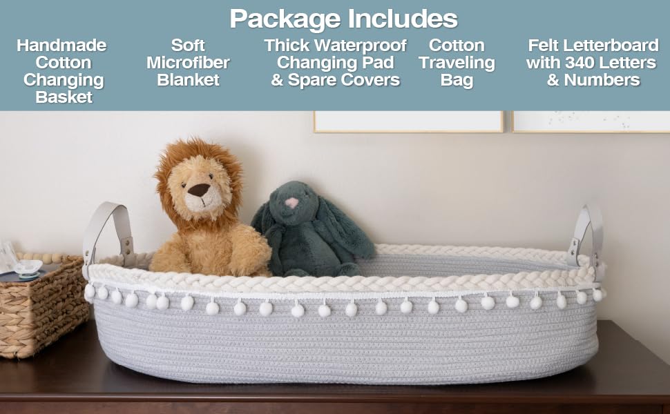 Image showing what the package includes with gray basket on a dresser