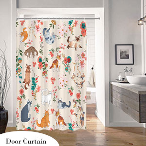 Beige Floral Cartoon Kitty Pet Animal Bath Curtain Accessory 