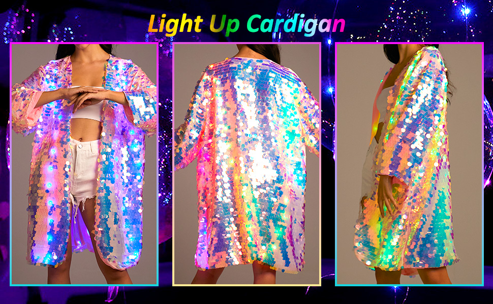 Led Sequin Cardigan For Women Light Up Jacket Glowing Kimono Duster