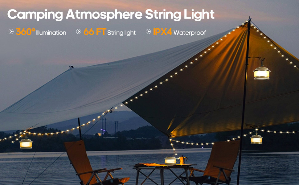 65.6ft Retractable Camping String Lights,3000mAh Camping Essentials Lamp Lights