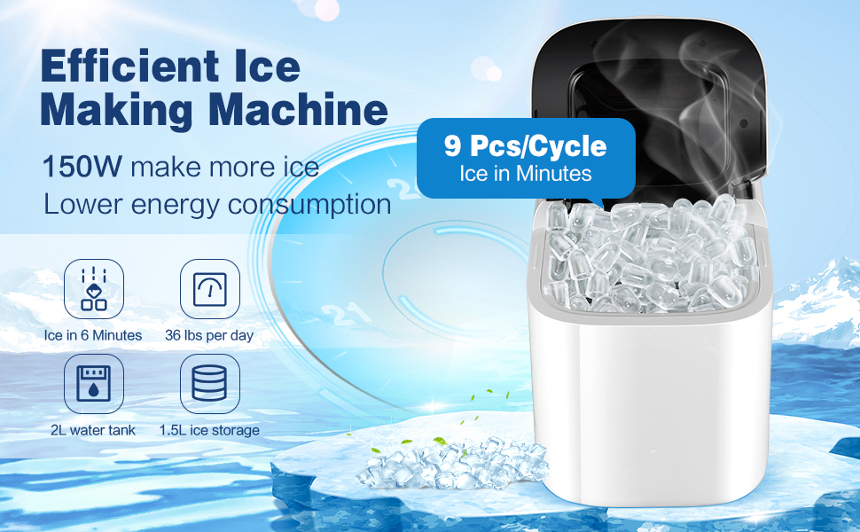 RELAX4LIFE Macchina Ghiaccio 15kg/24 Ore, 9 Cubetti Di Ghiaccio In 6 Minuti Cubetti, Macchina Del Ghiaccio Con Serbatoio D’Acqua 2 L, Cestello E Paletta Per Casa Ufficio Ristorante Bar 14 02