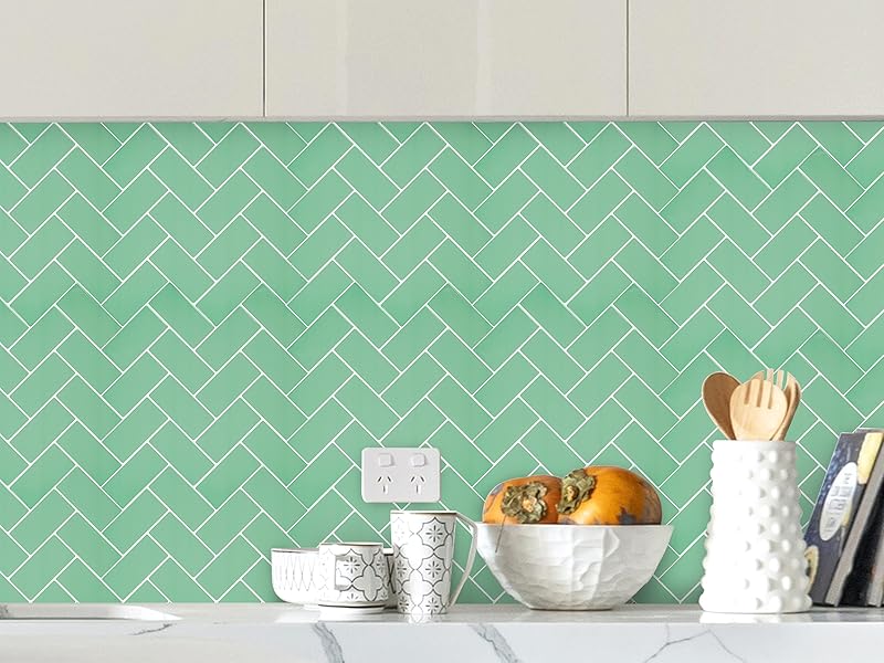 Green Peel and Stick Backsplash Herringbone Tile, Self Adhesive Renter