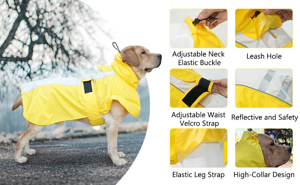 MAMORE Waterproof Dog Raincoat, Lightweight Rain Jacket with Reflective Strip, Adjustable Pet Clothes with Harness Hole for Dogs (Navy&Black, M) 12 the best dog coats for dogs