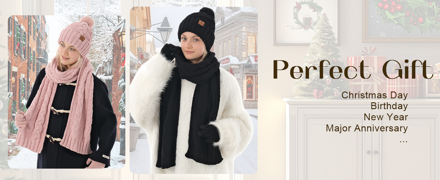 Winter Beanie Hat Scarf Gloves Set For Women