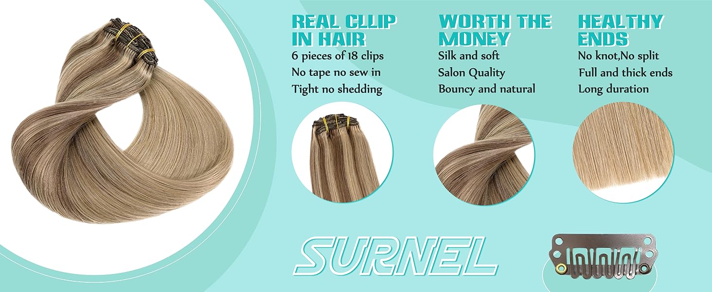 SURNEL Clip in Hair Extensions Ash Brown to Caramel Blonde