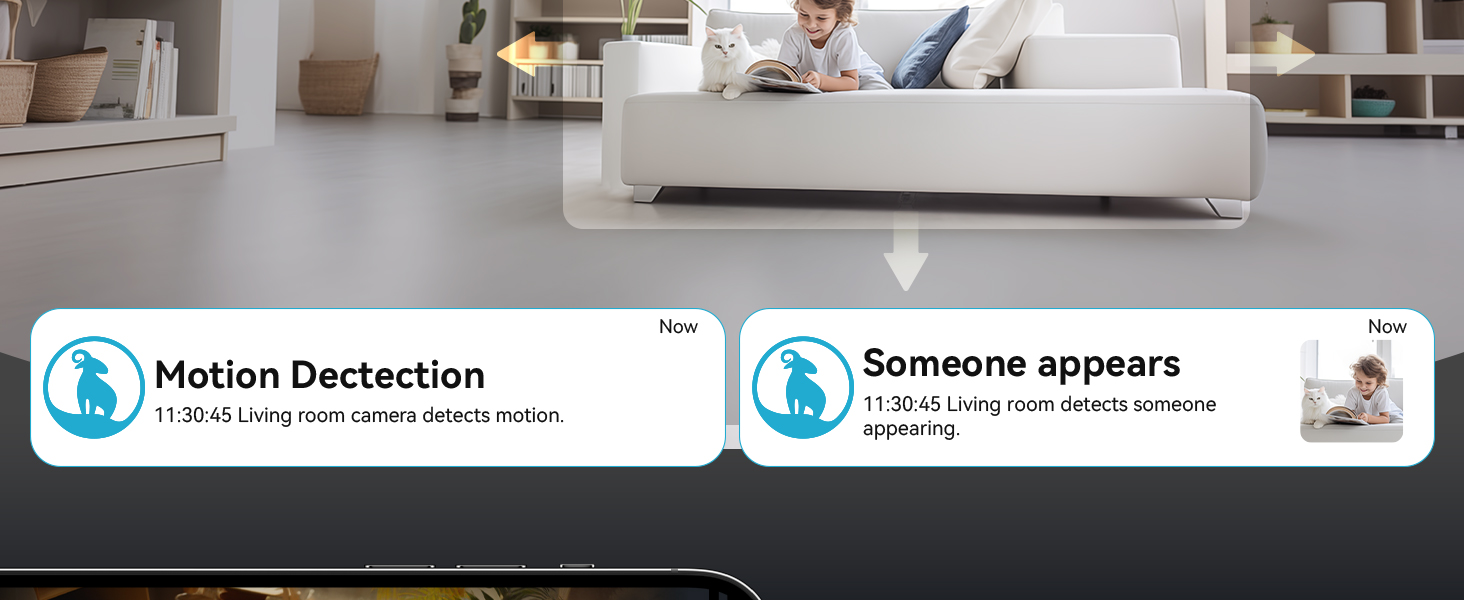Home security camera interface showing motion detection and person recognition features. Two panels display a living room scene with explanatory text.