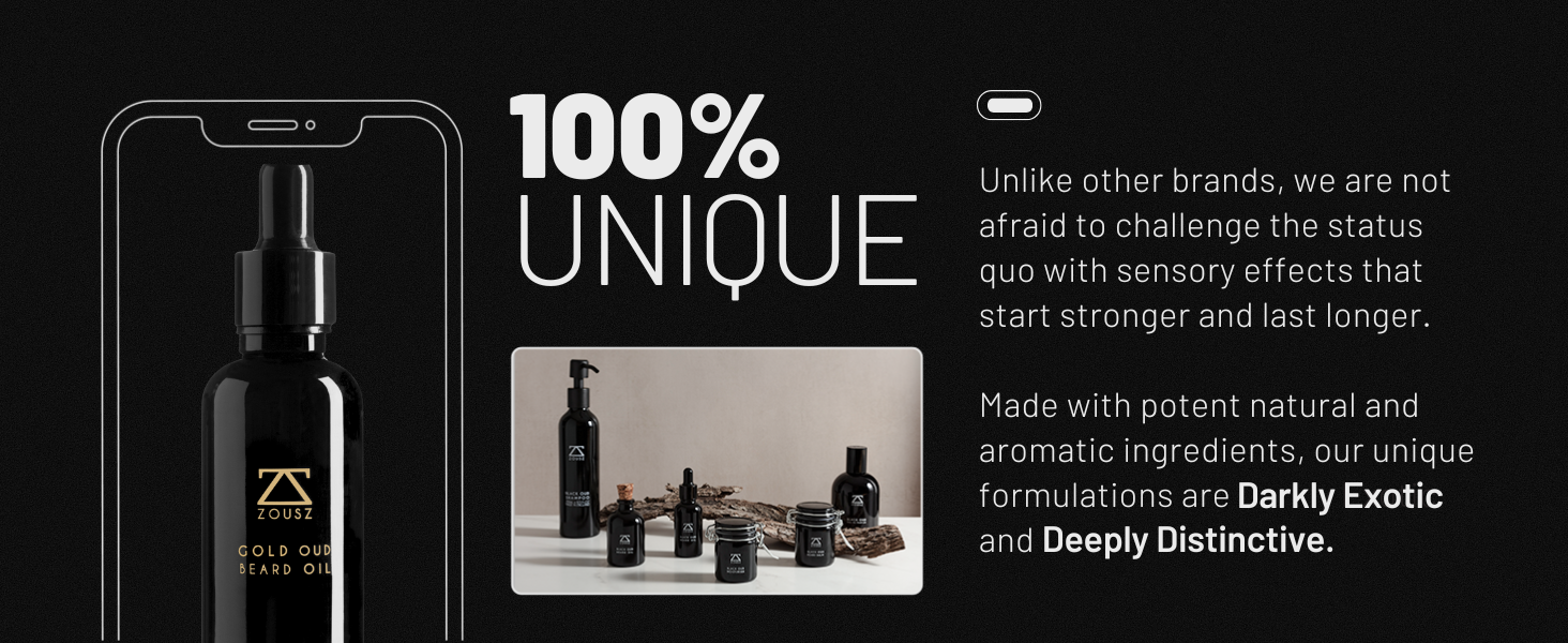 Black cosmetic bottles displayed on smartphone screen and in group photo. Text highlights '100% UNIQUE' and mentions natural ingredients in formulations described as 'Darkly Exotic' and 'Deeply Distinctive'.