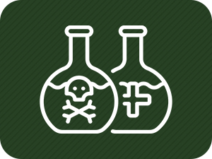 Tres iconos blancos simples sobre fondo verde oscuro que muestran vasos de laboratorio y tubos de ensayo, que representan conceptos científicos o químicos.