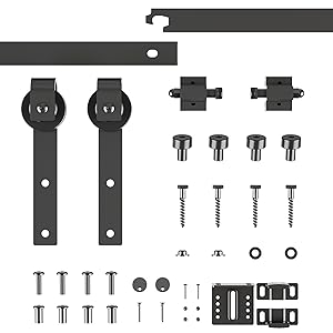 Assortment of black metal hardware components including straps, brackets, screws, and nuts for assembly or installation purposes.