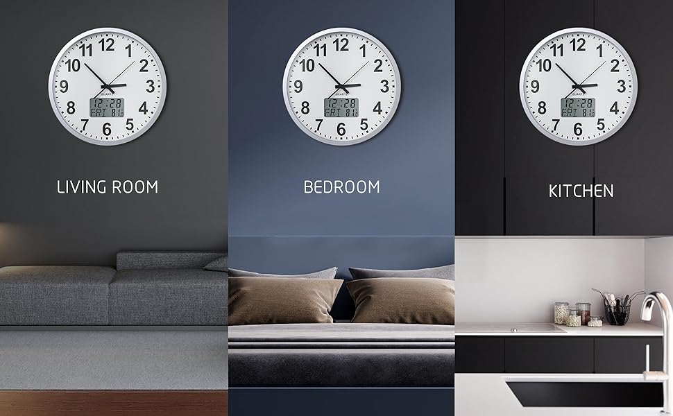 KWANWA Metal Silent Wall Clock With Temperature Week,NonTicking