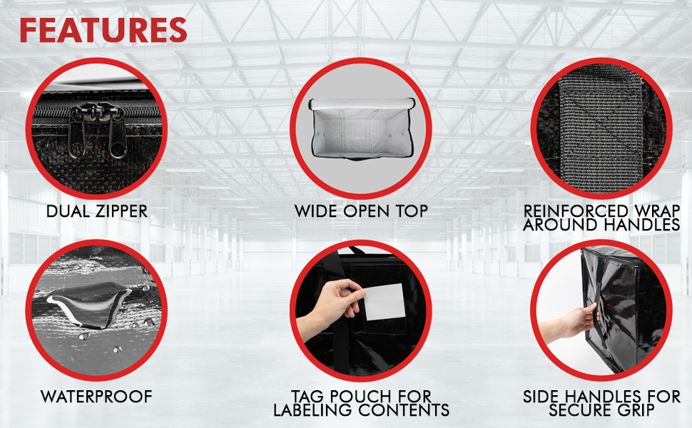 features: dual zipper, wide open top, reinforced wrap, waterproof, tag pouch, side handles