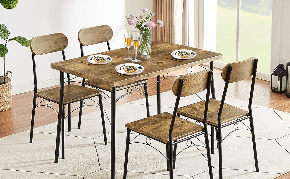 VECELO 5 Piece Kitchen Dining Room Set Metal and Wood Rectangular Tabl