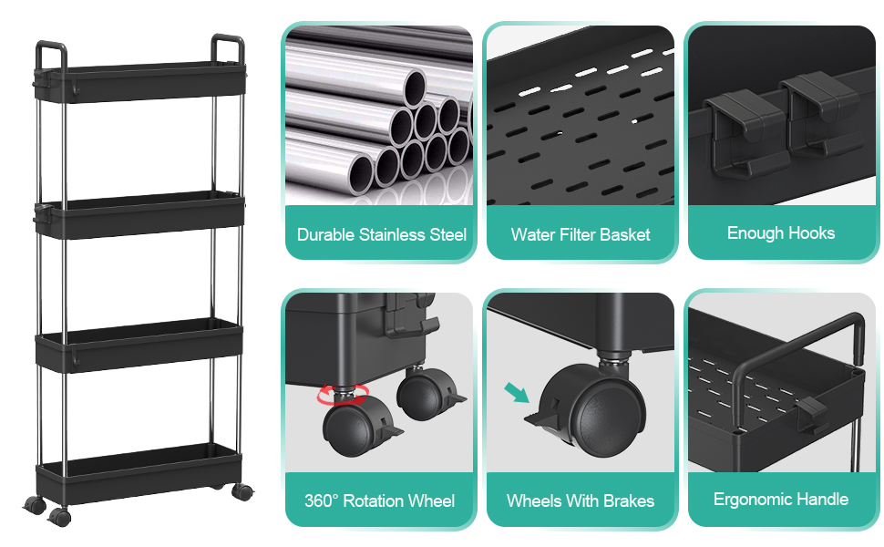 SOLEJAZZ Slim Storage Cart, 4 Tier Bathroom Organizer