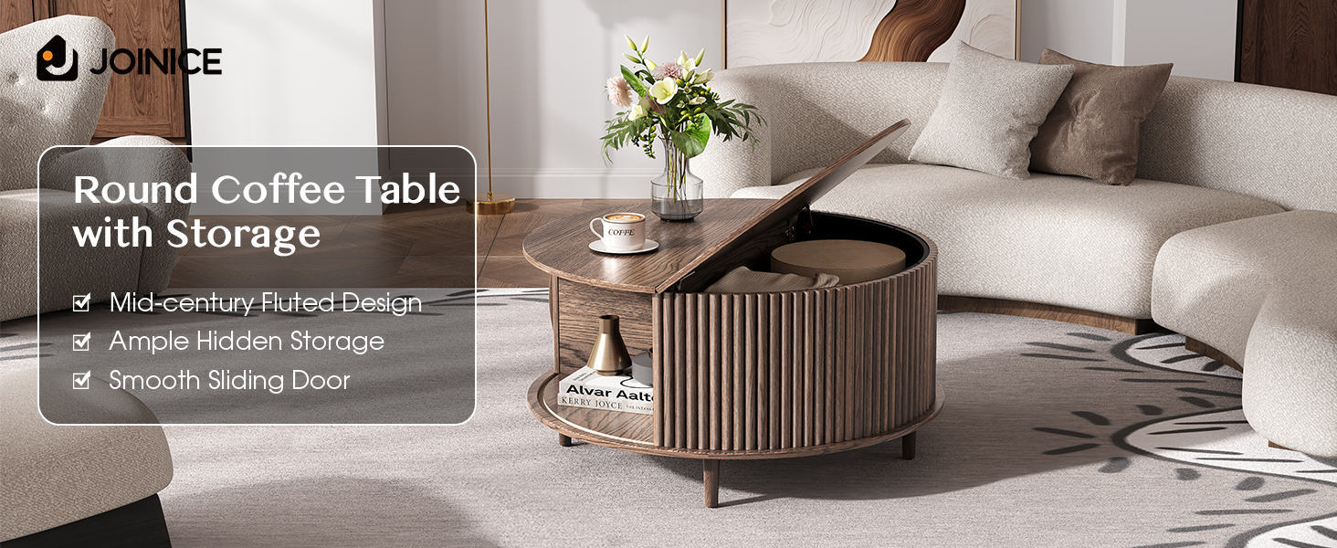 JOINICE Round Coffee Table with Storage,Fluted Center Table,Small Center Table,Walnut