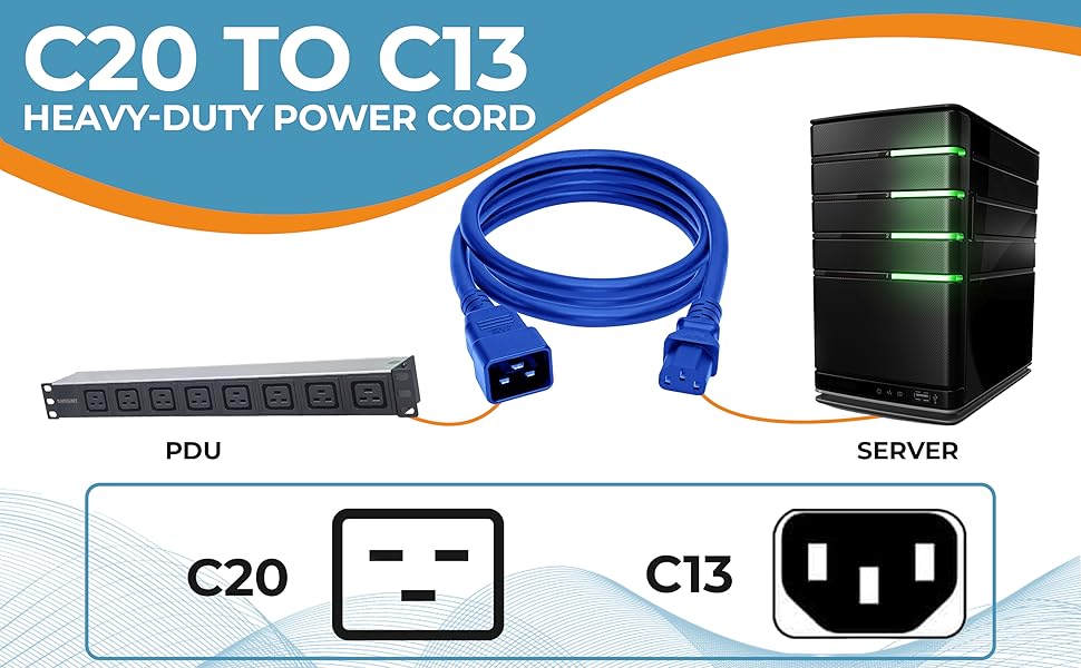 IEC320 C20 to C13 Heavy Duty Power Cord, 14AWG, SJT, 15A/250V