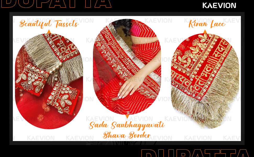 KAEVION 2.5M Red Net Sada Saubhagyavati Bhava Bridal Wedding Dupatta kira lace Dulhan Chunni