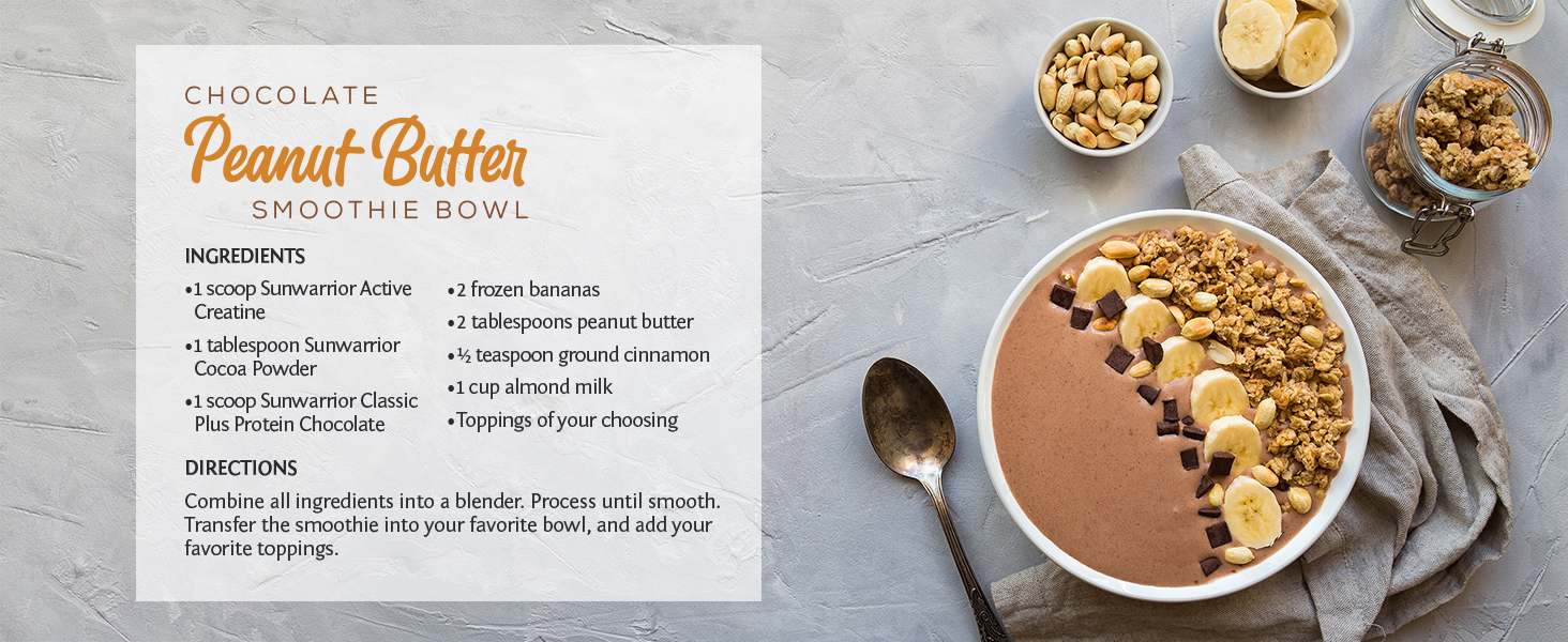 Chocolate peanut butter smoothie bowl on a gray stone counter