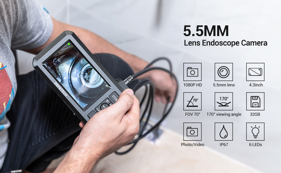 DEPSTECH Endoscope, 5.5mm 1080P HD Digital Borescope Inspection Camera, 4.3 Inch LCD Screen