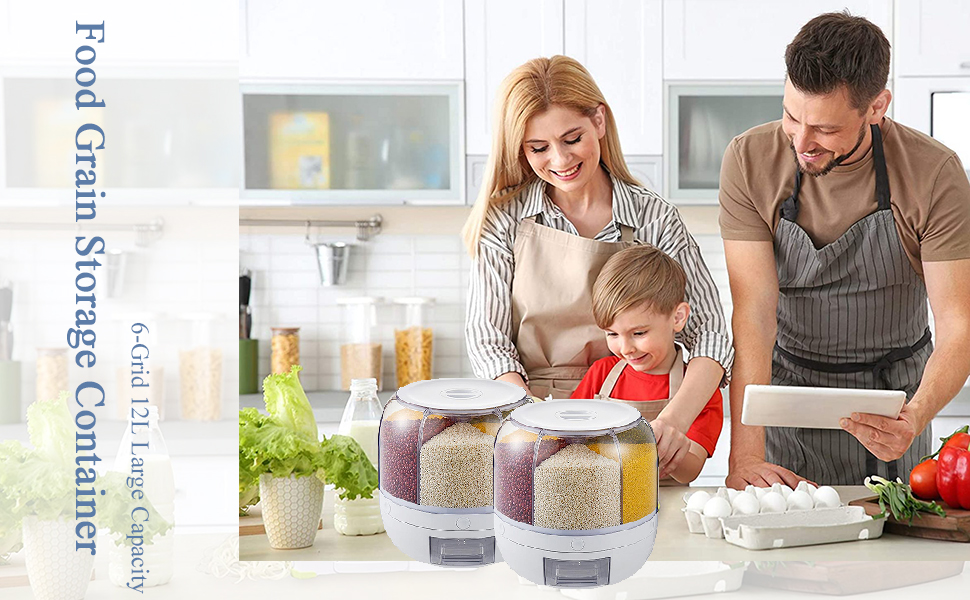 VBM 6Grid Round Rice Dispenser Rotating Rice Storage Container, Dry