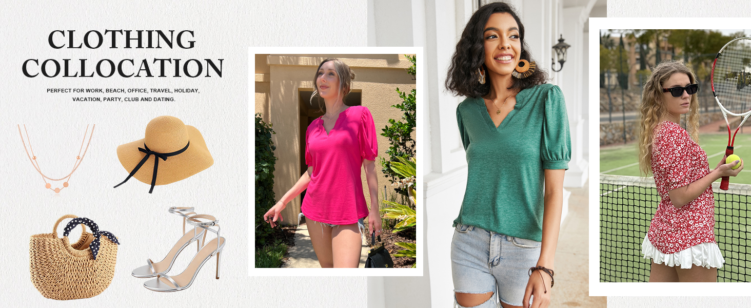 puff sleeve tops for women summer short sleeve v neck shirts