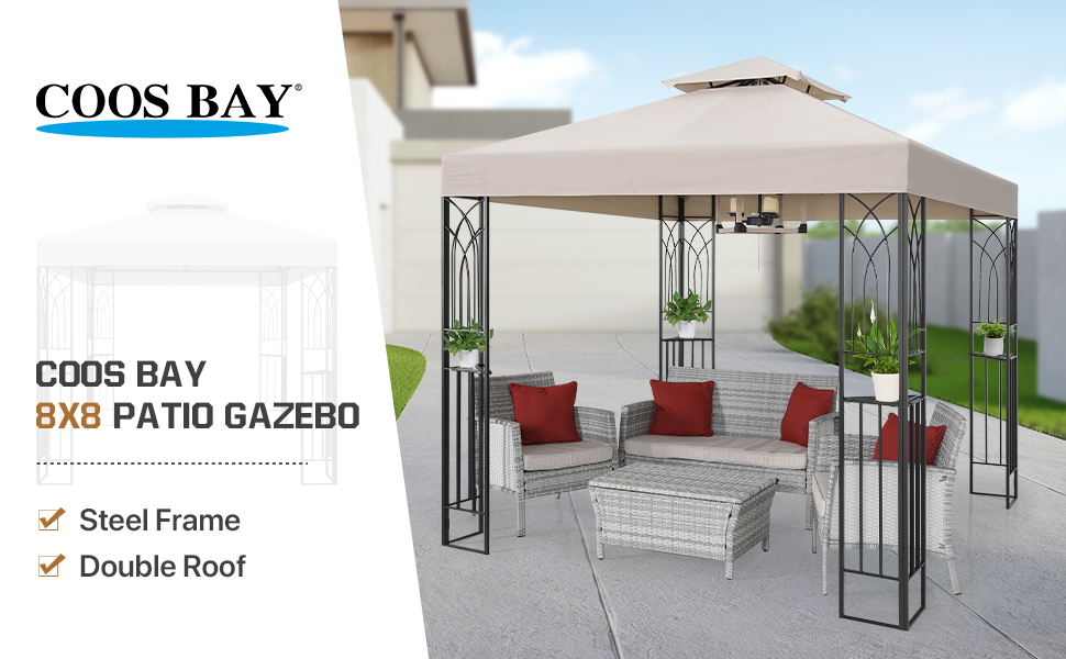 COOS BAY 8x8 Outdoor Patio Gazebo with Corner Shelves, Two