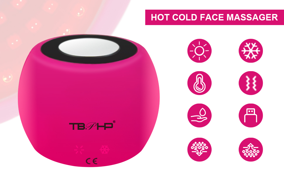 Pink spherical hot and cold face massager. Product name 'TBYHO' visible. Icons indicate features like temperature control and massage functions.