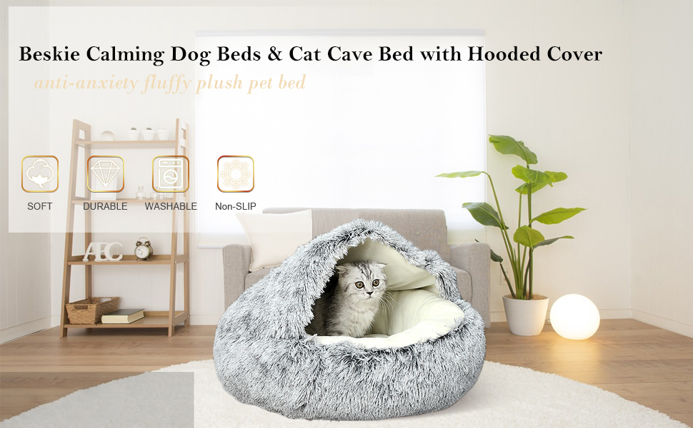 Calming Dog Bed Cat Bed,Small Dog Bed Donut Faux Fur Anti-Anxiety Fluffy Pet Cushion Dog Bed grey