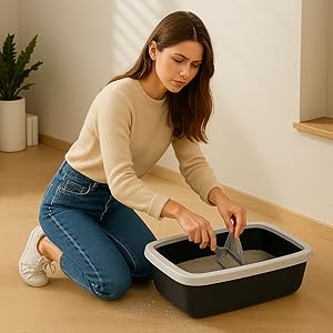 Dunkelgraue, rechteckige Katzentoilette mit weißem Rand. Person, die den Gebrauch demonstriert, indem sie mit einer grauen Schaufel Müll aufschaufelt. Box auf Holzboden in häuslicher Umgebung platziert.