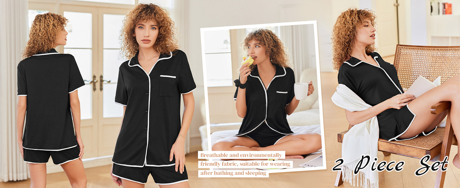 womens button pajama set for summer short sleeve sleepwear pjs