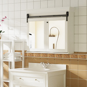 Modernes weißes Badezimmerinterieur mit Waschbecken, Aufbewahrungslösungen und Armaturen. Mehrere Ansichten zeigen den sauberen, minimalistischen Raum aus verschiedenen Blickwinkeln.