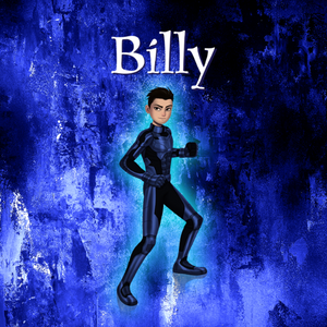 a young asian boy named billy wearing a futuristic jumpsuit against a flaming blue background