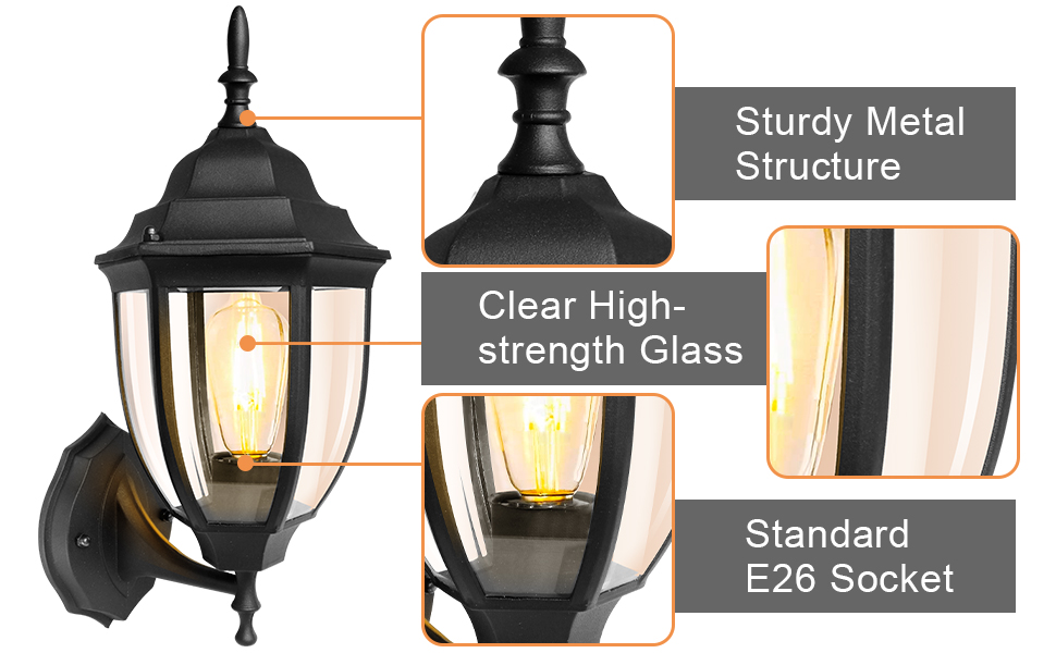Outdoor Porch Light E26 Exterior Waterproof Wall Sconce with Clear
