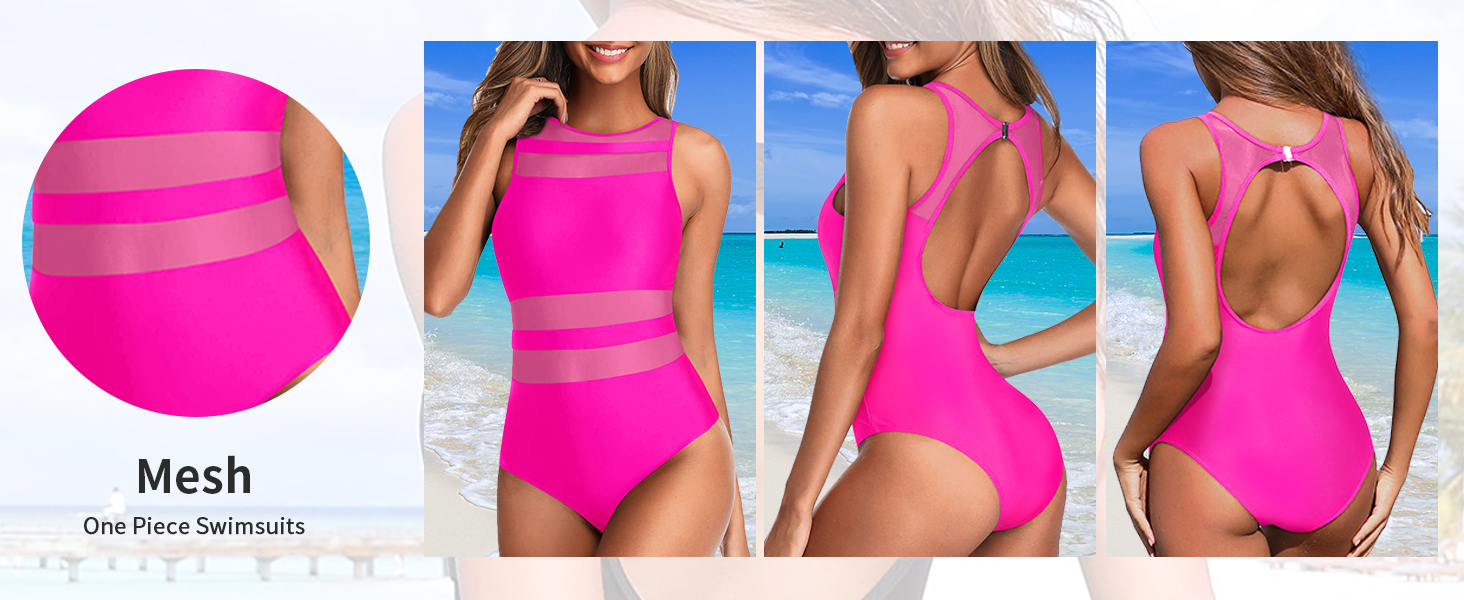 mesh one piece swimsuit pink