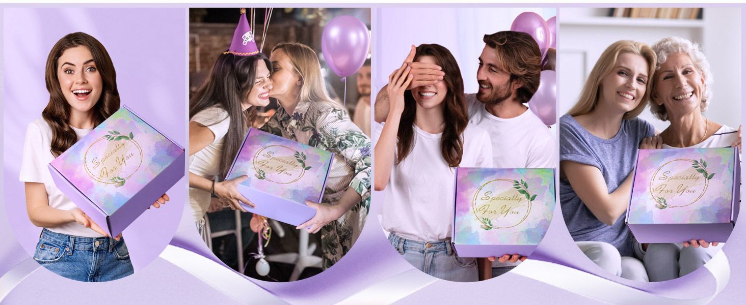 Zusammengesetztes Bild, das verschiedene Personen zeigt, die ein lila, holographisches, kartenähnliches Produkt in verschiedenen Umgebungen in der Hand halten und damit interagieren