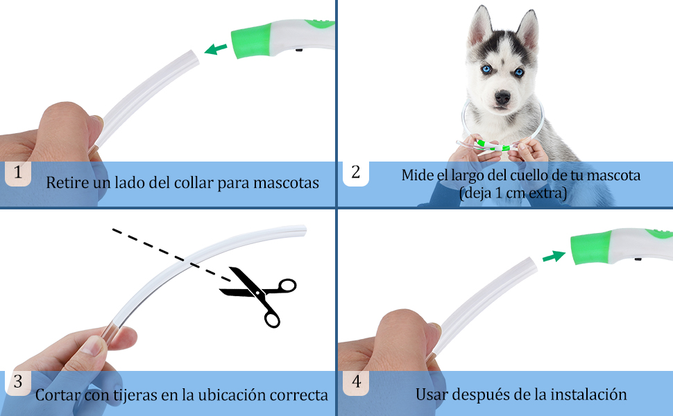 de plástico blanco con punta verde. Mano que muestra cómo ajustar la longitud tirando de un extremo del collar.