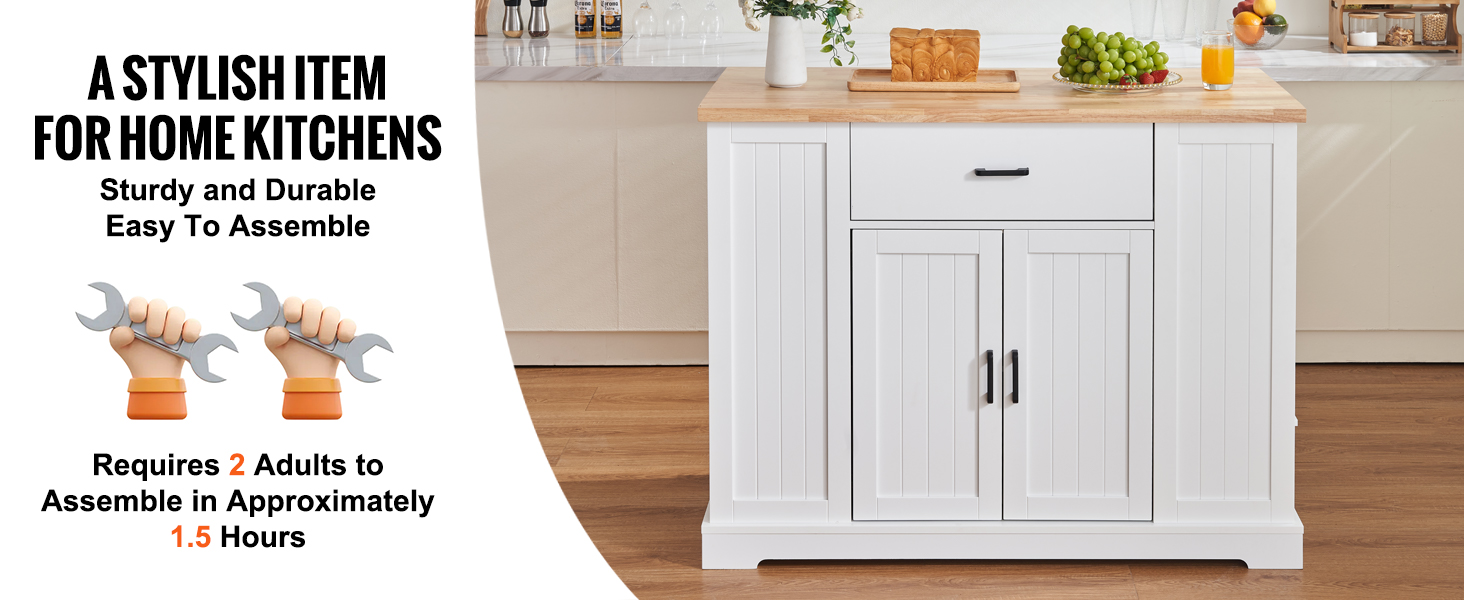 VEVOR Kitchen Island Cart, 46" Wood Top Breakfast Bar with Storage