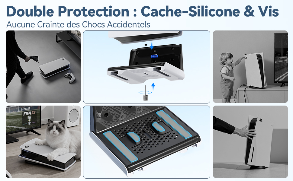 Guide d'installation étape par étape illustrant le processus d'assemblage du support de la tablette ou de l'appareil avec différents angles et positions de montage.