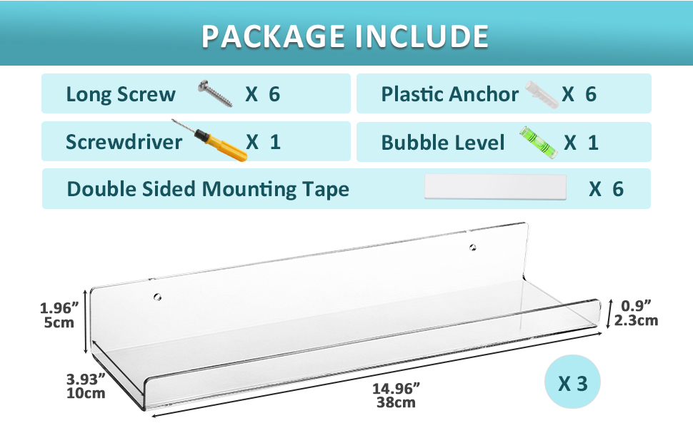 Albumgit 3 Pack Acrylic Wall Shelves, 15" Clear Floating