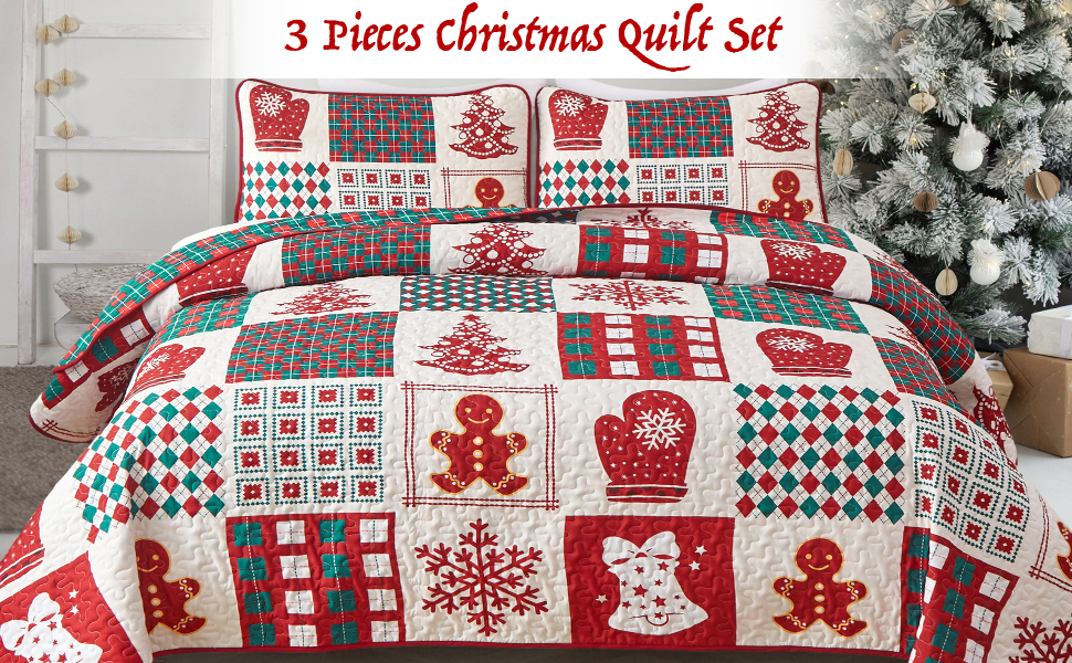 Christmas Quilt Set Queen,3 Pieces Reversible Christmas