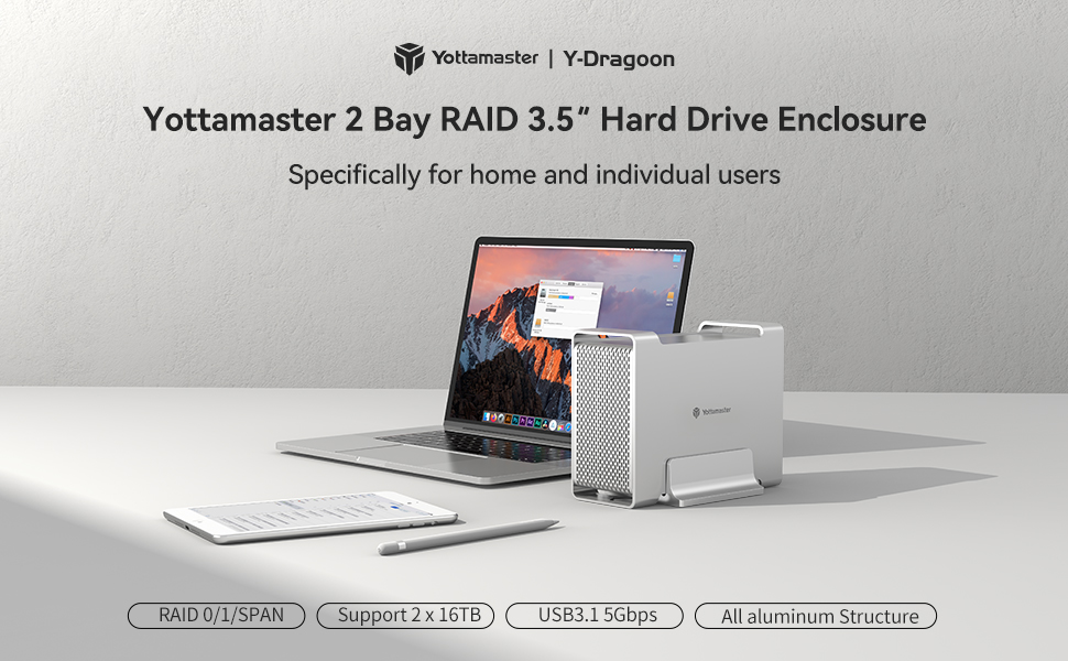 Yottamaster 2 Bay RAID Hard Drive Enclosure, Aluminum USB3.0 External ...