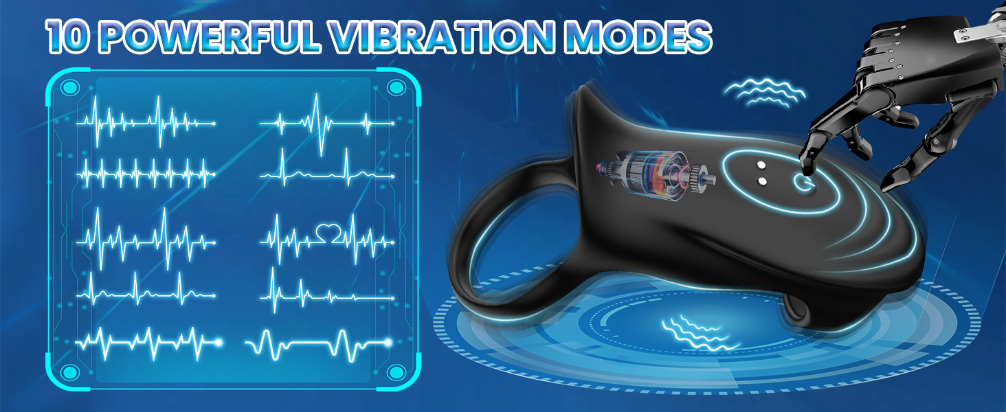 Elektronisches Gerät mit 10 Vibrationsmodi, das Wellenformmuster anzeigt. Schwarzes Handgerät mit blau beleuchtetem Display, das unterschiedliche Vibrationsintensitäten anzeigt