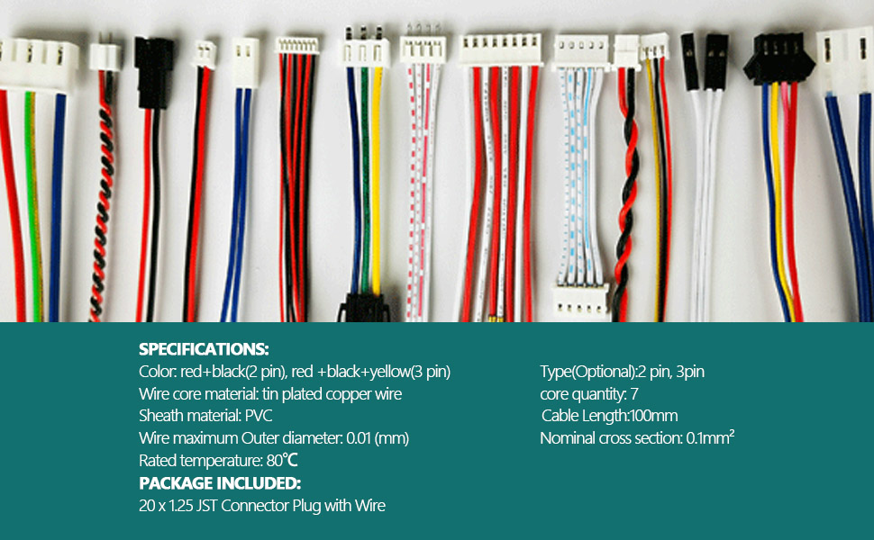 20PCS/Pack Micro JST Connector with Cables 1.25MM 2 Pin Male Female