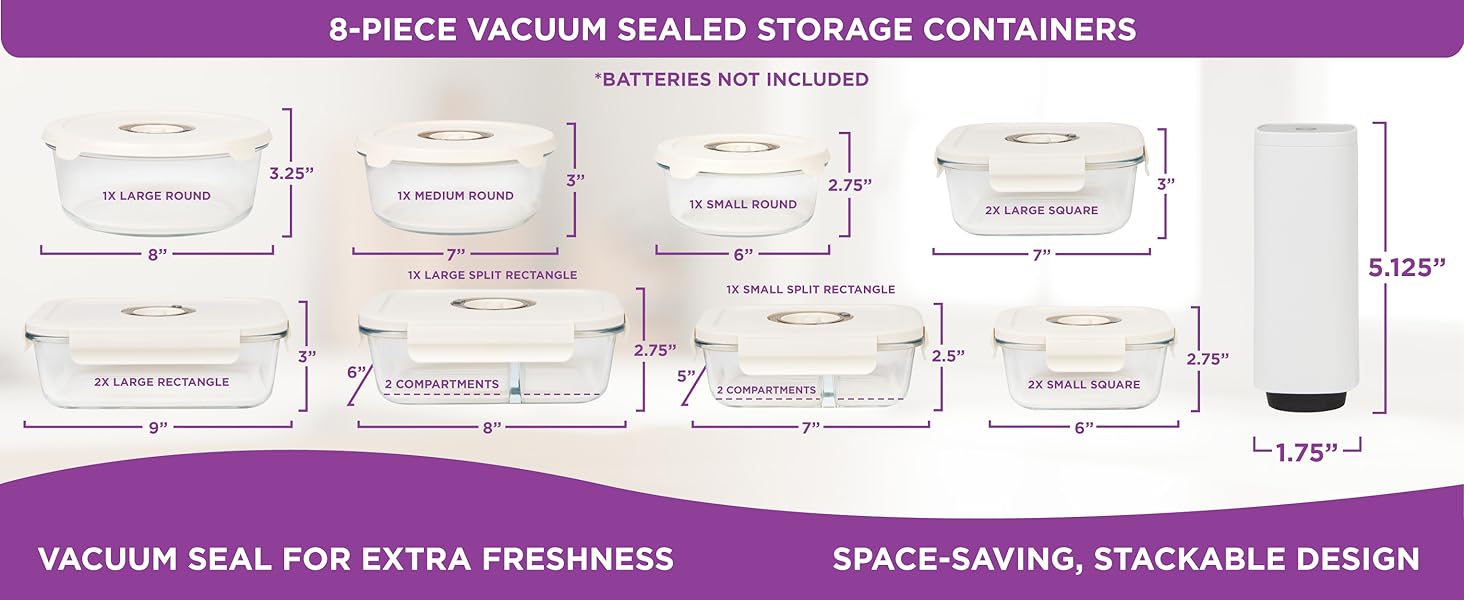 Vacuum seal food storage containers, 8 piece set, square glass tupperware, Pantry, fridge, automatic