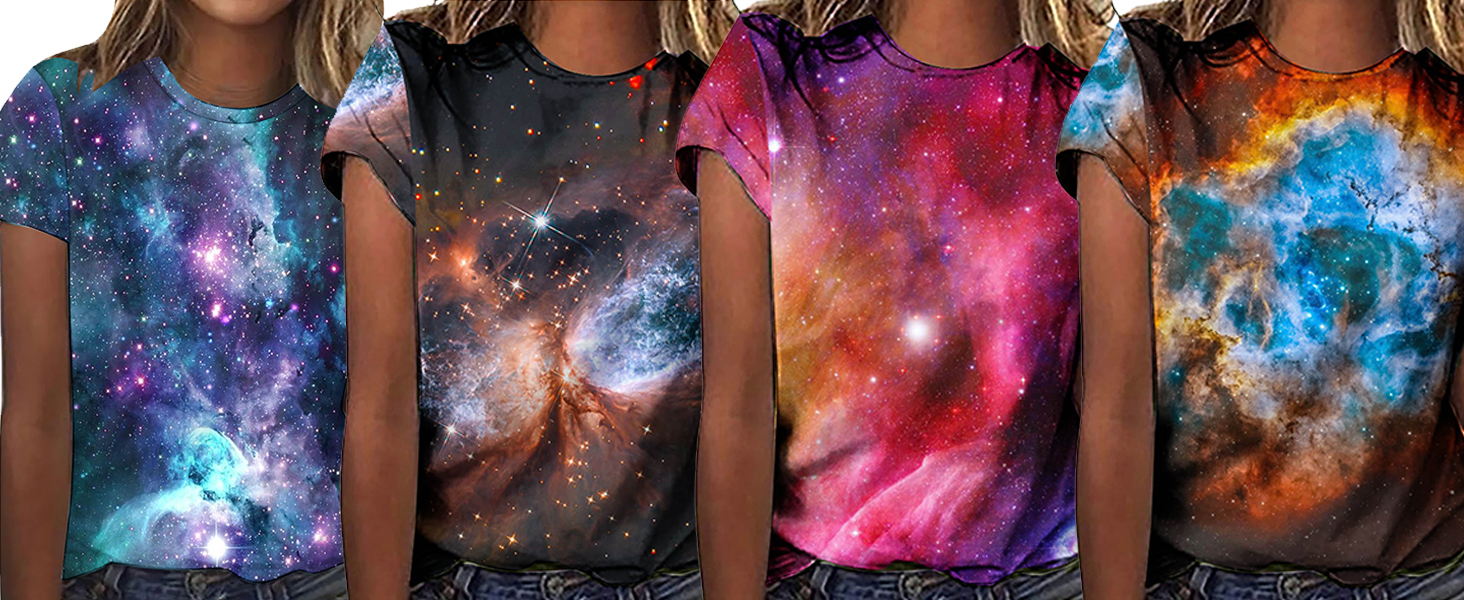 Tshirt Damen Galaxie Drucken Bluse Kurzarm T-Shirt Oberteile Sommer Alltag Crop Top Sport T-Shirts