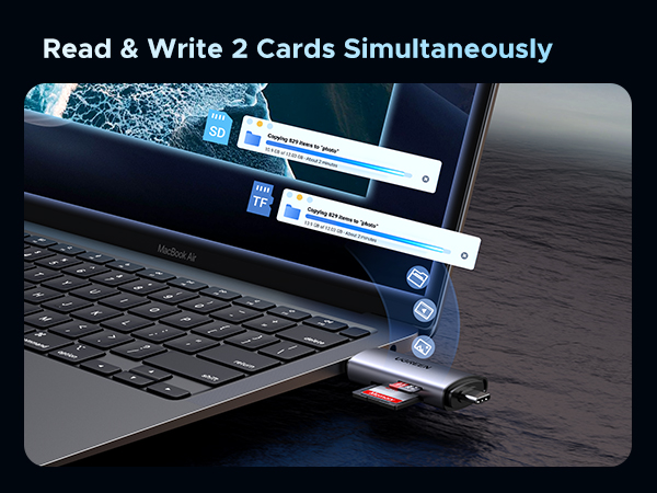 USB card reader device plugged into laptop, demonstrating simultaneous reading of two cards with on-screen notifications.